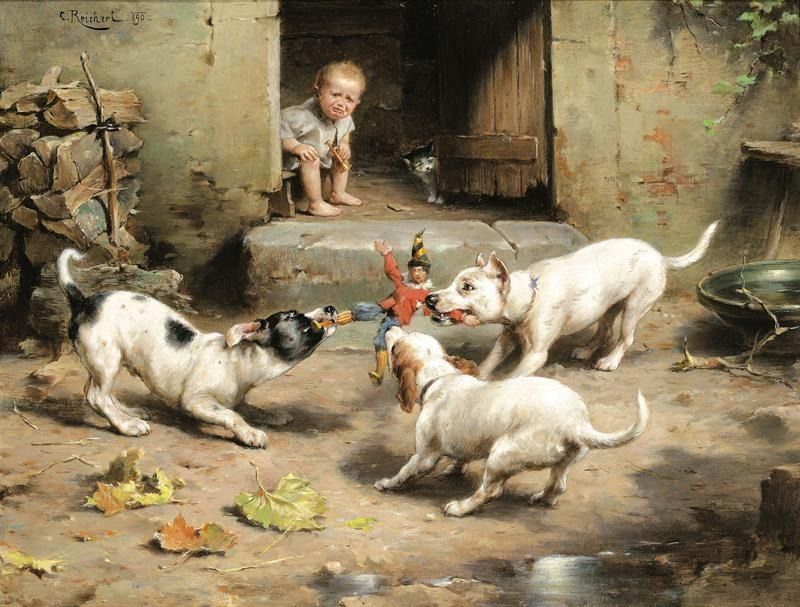 Reichert festmény, kutyák húznak-vonnak valamit, baba az ajtóból nevetve nézi